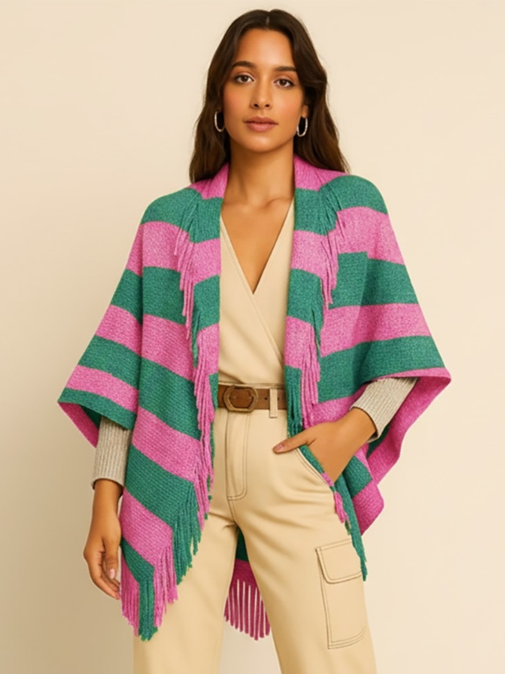 Striped Fringe Poncho Shawl Jacket in Pink & Green AkAlpha